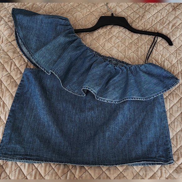 GAP Blue Denim One-Shoulder Top - Picture 3 of 4